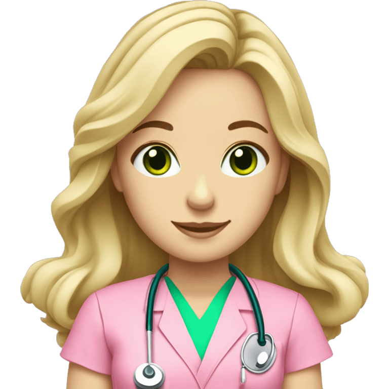 pale blonde girl with long wavy hair and green eyes wearing pink scrubs and stethoscope  emoji