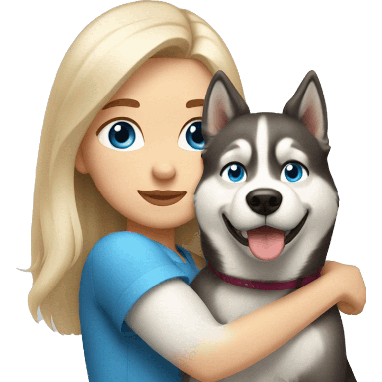 a girl with blue eyes and light-blond hair hugs a husky dog ​​with brown eyes emoji