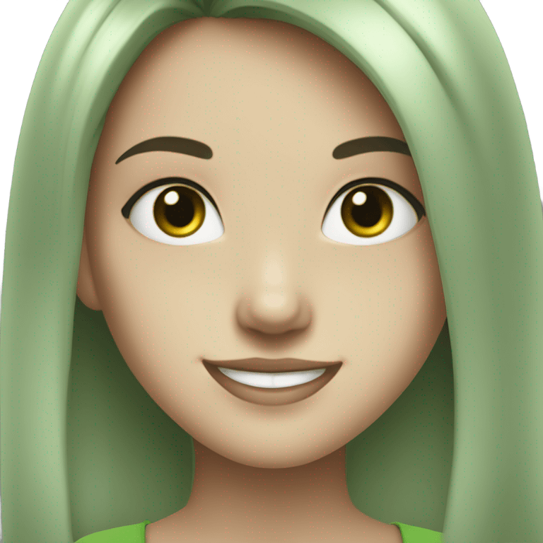 smiling girl in green shirt with black hair and green eyes  emoji