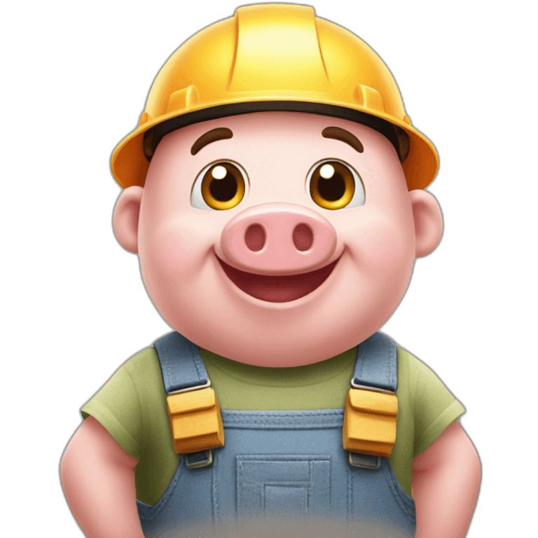 happy little pig from the three little pig story dressed as builder ready to build his home from bricks and cement emoji