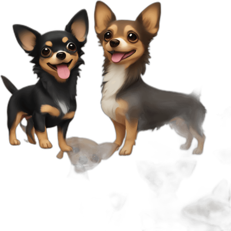 A black and beige hairy chihuahua and a brown dachshund being playfull emoji