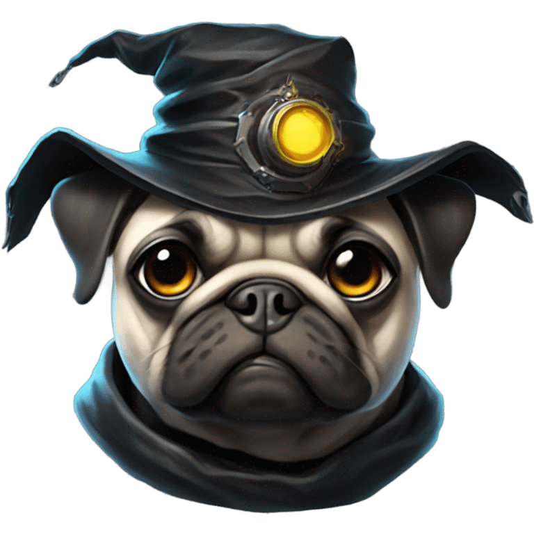 cyberpunk pug wearing a black wizard's hat emoji