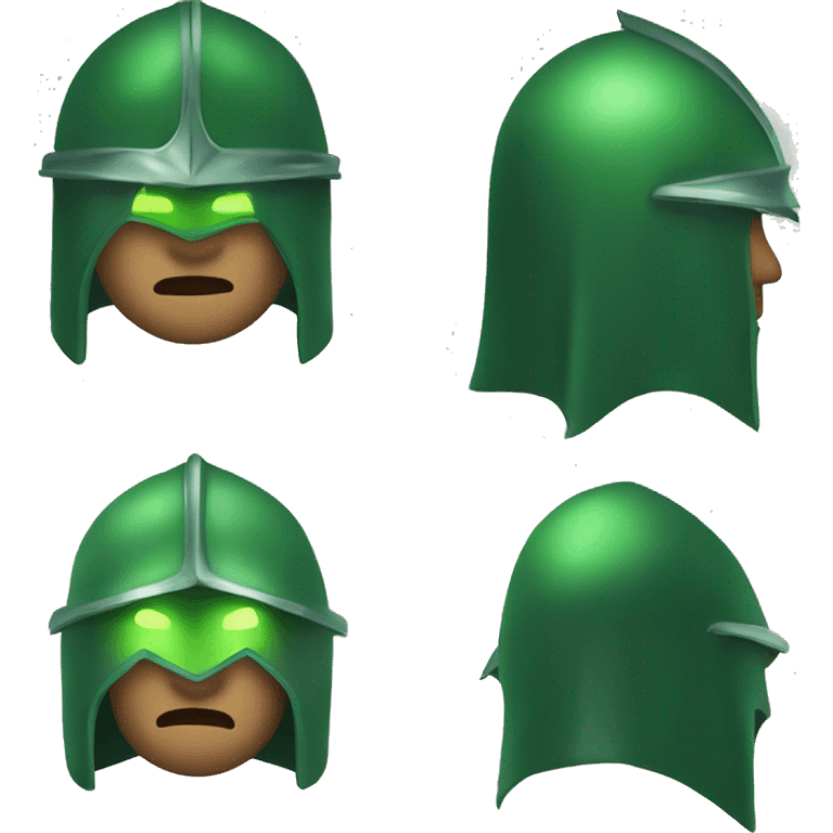 green helmet knight whit lightninh eyes, face all covered, 3/4 position, evil emoji