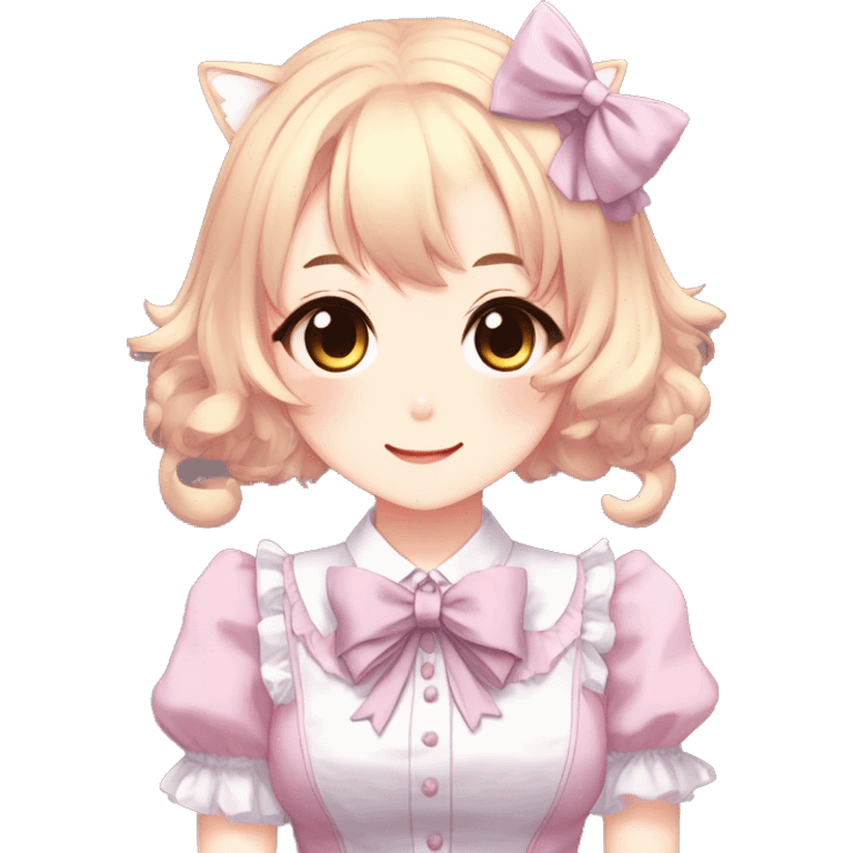 Gorgeous anime style catlady with blushing face with maid outfit bow tie idol model kawaiicore pearly petite simplistic aesthetic trending style emoji