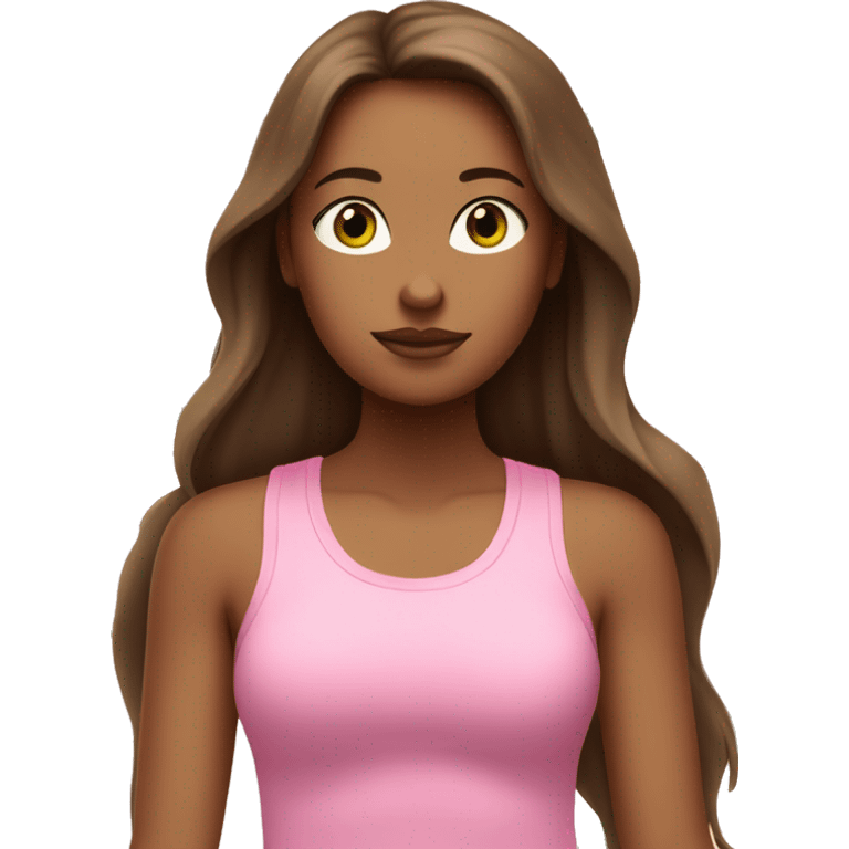 A girl with brown long hair, fair skin and green eyes meditates in a pink tank top and pink leggings emoji