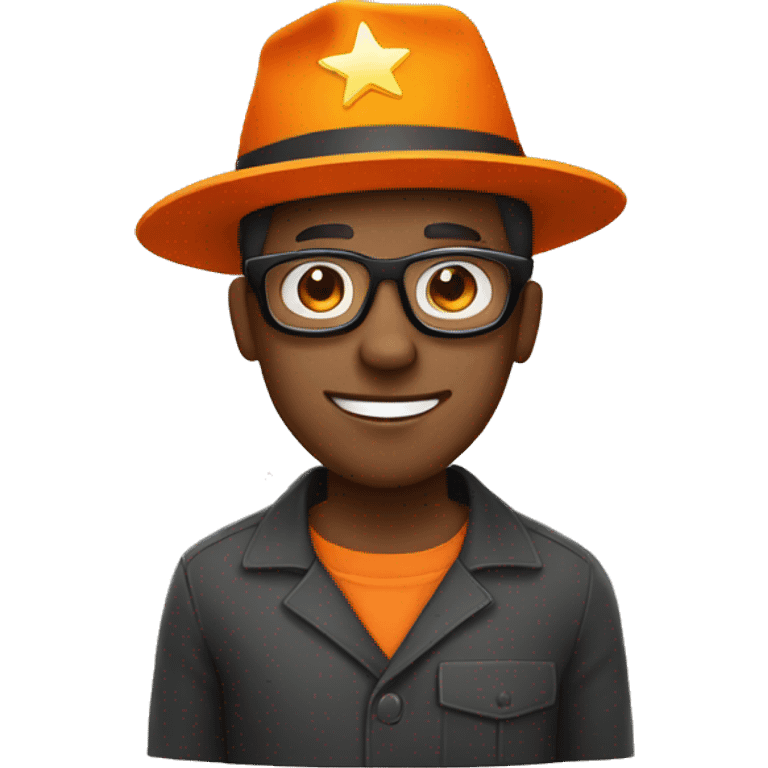 An african american man in an orange jumpsuit with black glasses and a star on his orange hat. emoji