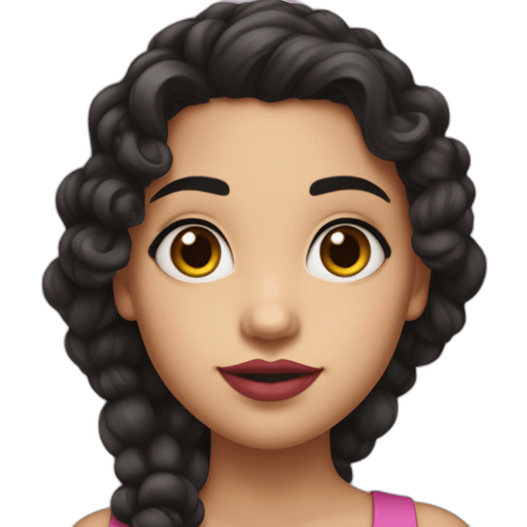 A cute Métis girl with a very clear complexion. She has black hair with large curls, which descend to her shoulders, and a pink lipstick on luscious lips. emoji