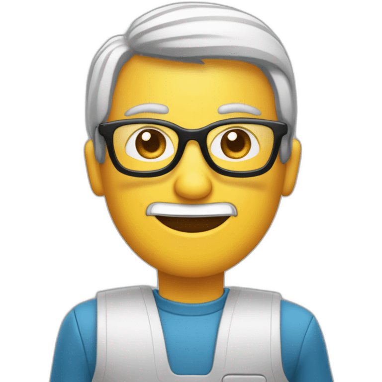 una persona con lentes sentado en una computadora dice con su mano buenos días emoji