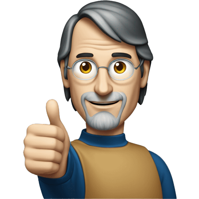 Steve Jobs, wearing a dark blue t-shirt, with his hand raised giving a thumbs up, Steve Jobs with rich details emoji