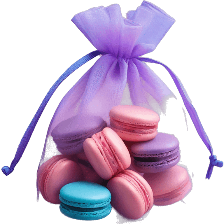 Realistic pink mesh organza bag with purple and blue macarons emoji