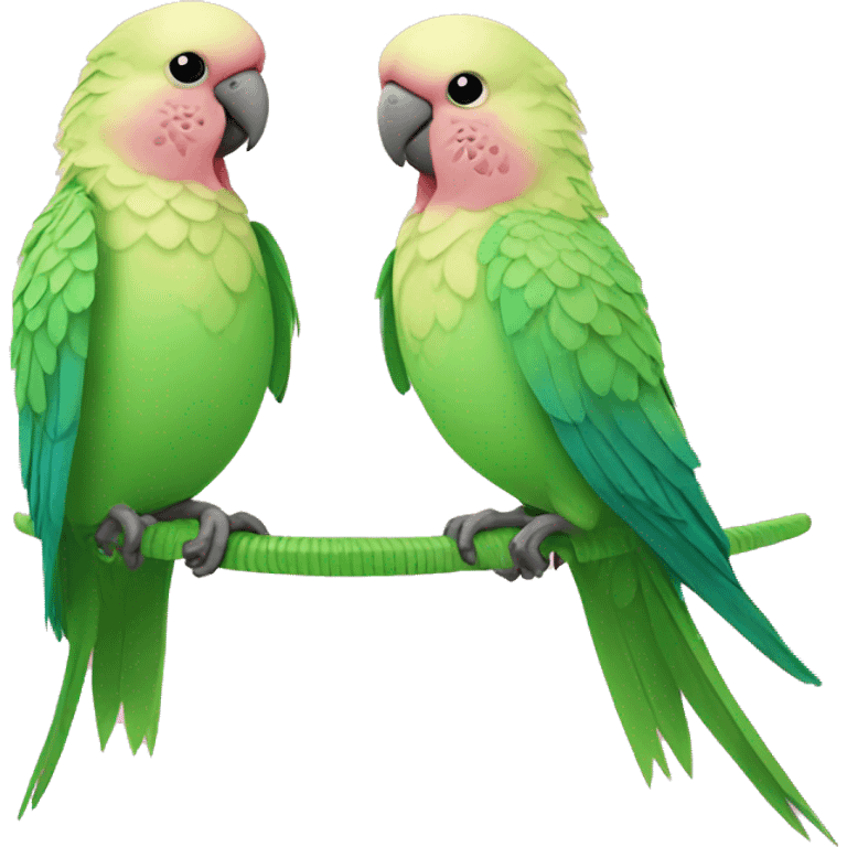 2 Pink parakeets with green wicker ball emoji