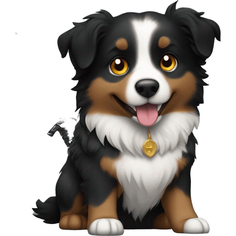 Small black australian shepherd dog with a sword emoji