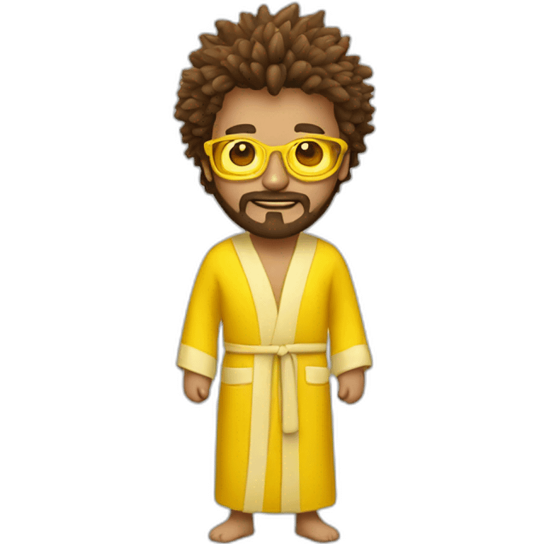 man with golden glasses, brown spikey hair and beard in yellow bathrobe emoji