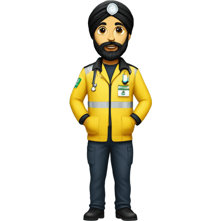 Skinny sikh man with beard wearing a black turban and a yellow paramedic jacket emoji