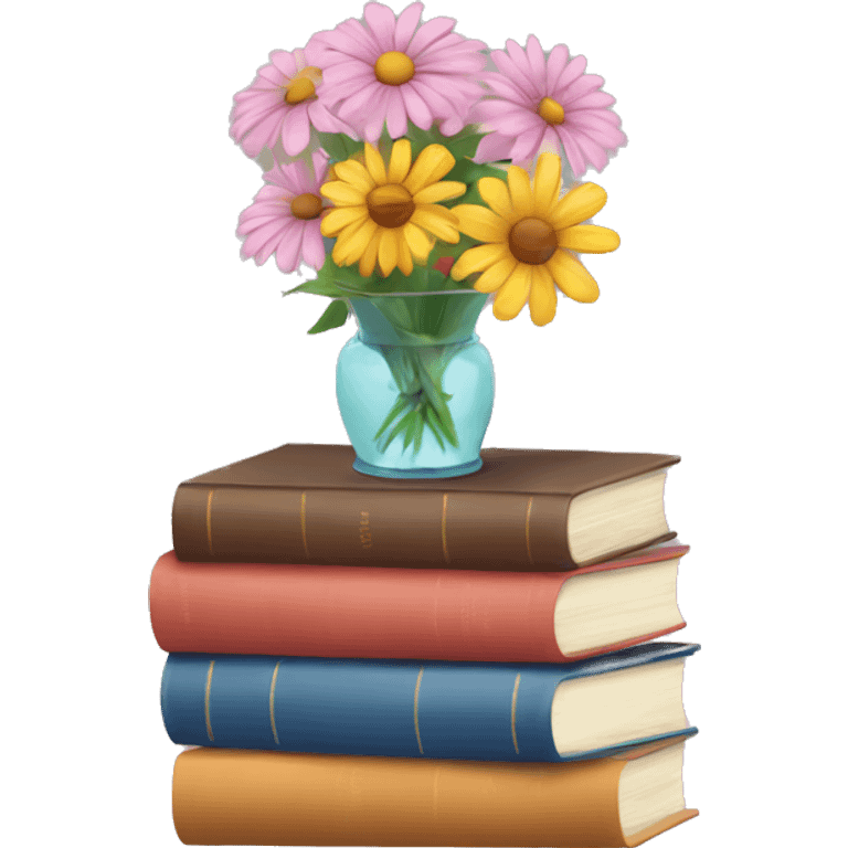 aesthetic stack of books stacked with flower in vase on top emoji