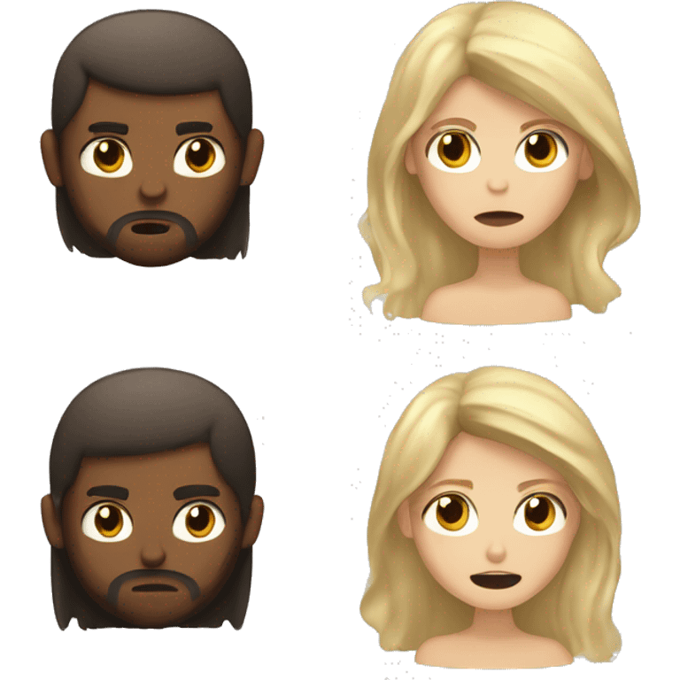 Blond girl with long hair, grey eyes looks angry at a box with darkbrown hair light brown 3 days beard and brown eyes and slaps him in face emoji