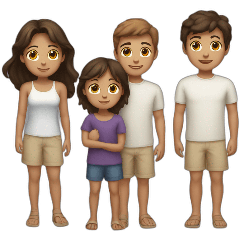 a tanned sister with brown hair, one white older brother with dark hair, one little brother with light hair emoji