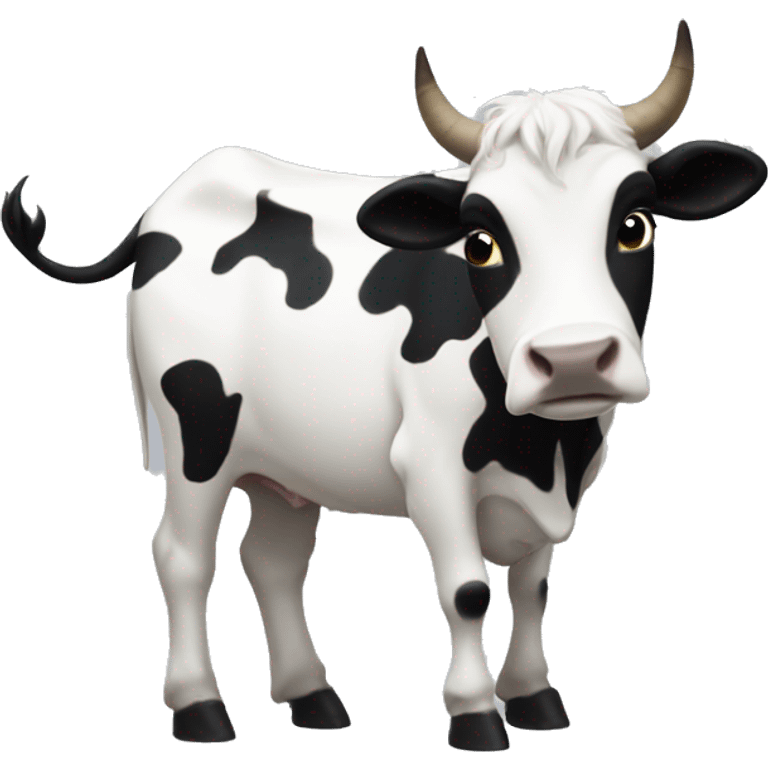 A white cow with black sploches dancing with white goat with the moon on top of them emoji