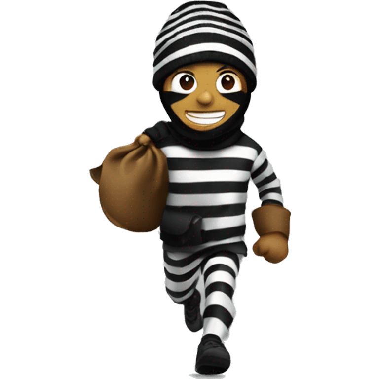 Robber in stripped outfit and black beanie holding a large sack of money with a dollar sign on it and running emoji