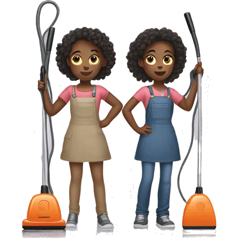 Two girls standing back to back holding vacuums  emoji