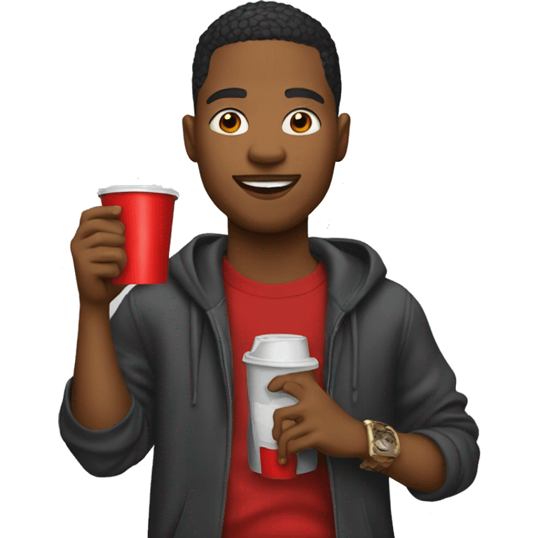 A young rapper man holding a red cup emoji