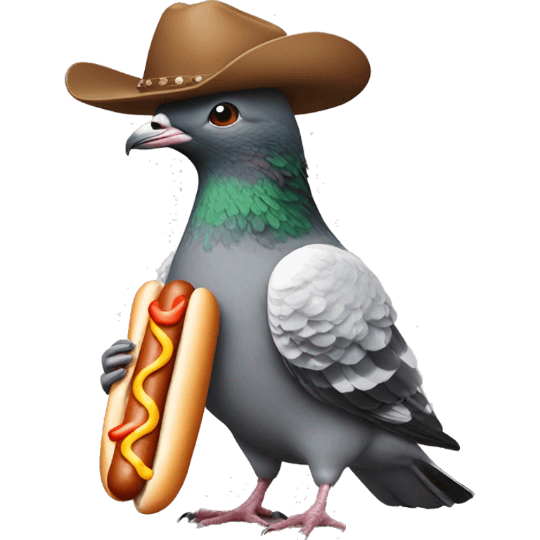 a pigeon with human arms eating a hot dog  and wearing a cowboy hat  emoji