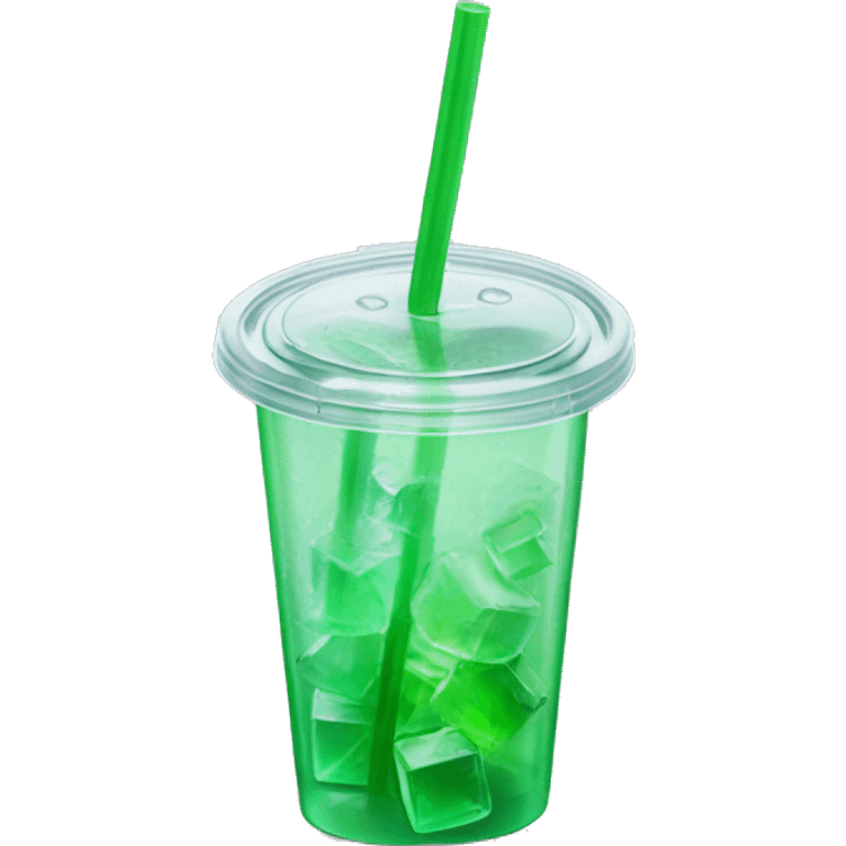 Realistic plastic cup and lid with Transluscent green soda and large ice cubes inside and one straw through the top of the lid. emoji