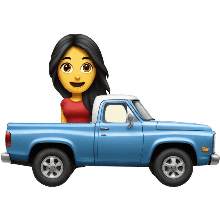 A white lady with long black hair, driving an older red pick up truck emoji