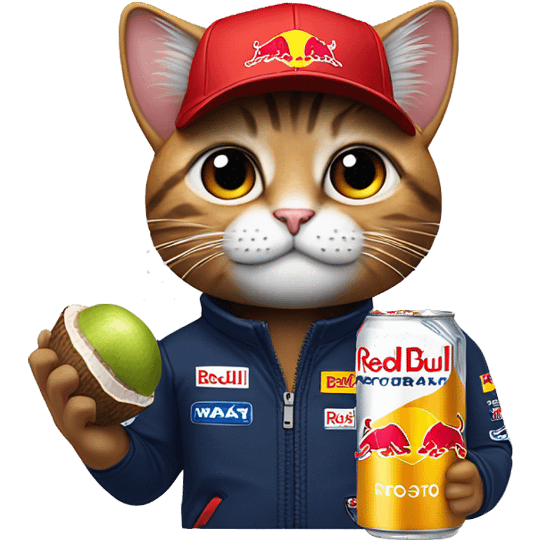 cat wearing a max verstappen formula 1 red bull racing cap and holding a coconut redbull can   emoji