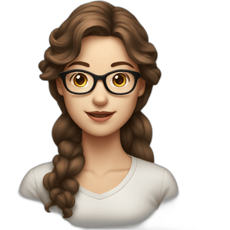 young lady, white skin, wavy brown hair, glasses, emoji