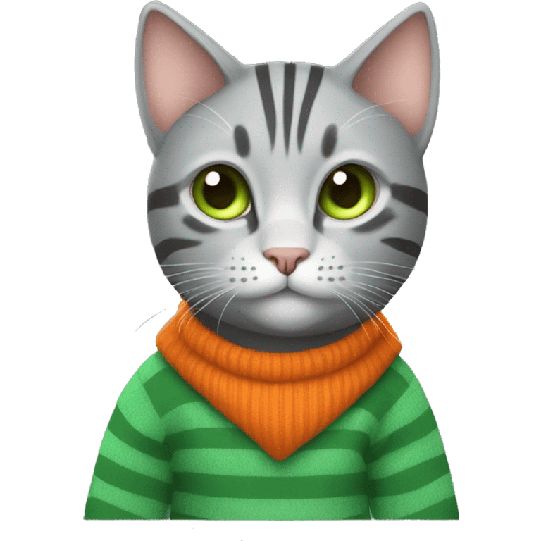 A striped grey cat with green eyes with orange sweater in full growth emoji