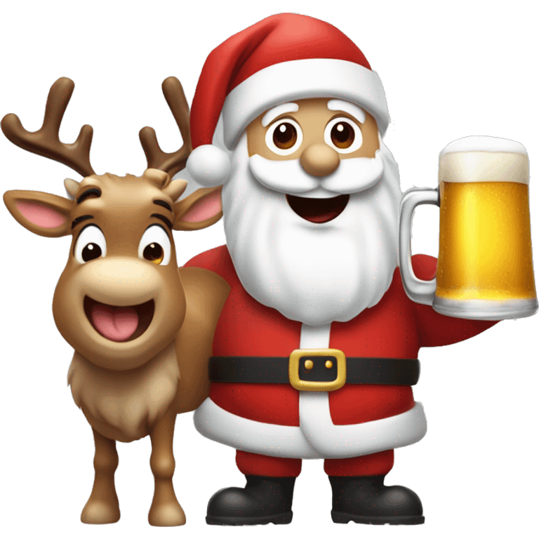 Excited  Santa's white skin face sticking out tongue and rudolph holding beers with sled emoji