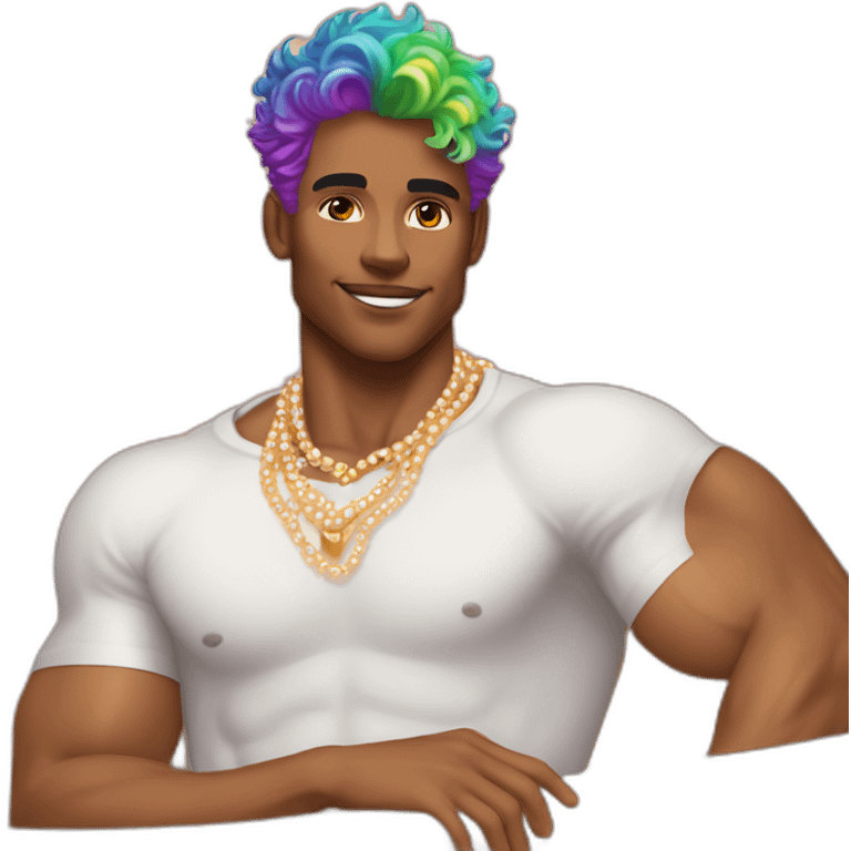 posh-muscle-boy-with-pearl-necklace-and-rainbow-unicorn-hair-in-golden-bathtub emoji