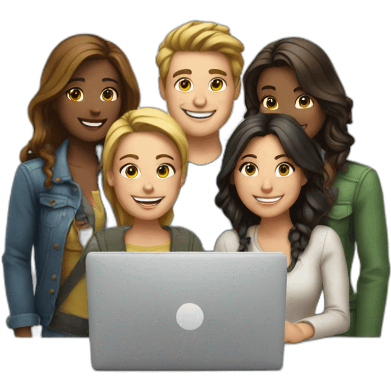 4 friends around a laptop smiling emoji