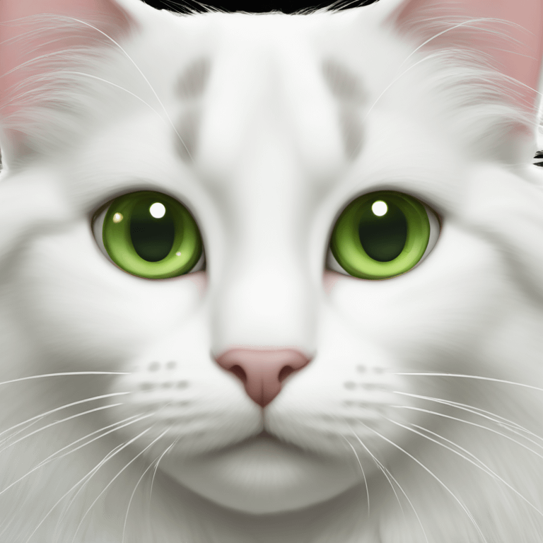 Fluffy white Turkish van cat with gray spot on forehead and green eyes emoji