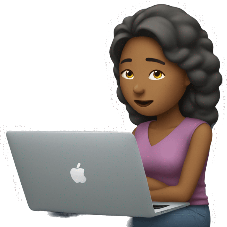 A woman thinking while looking at her MacBook emoji