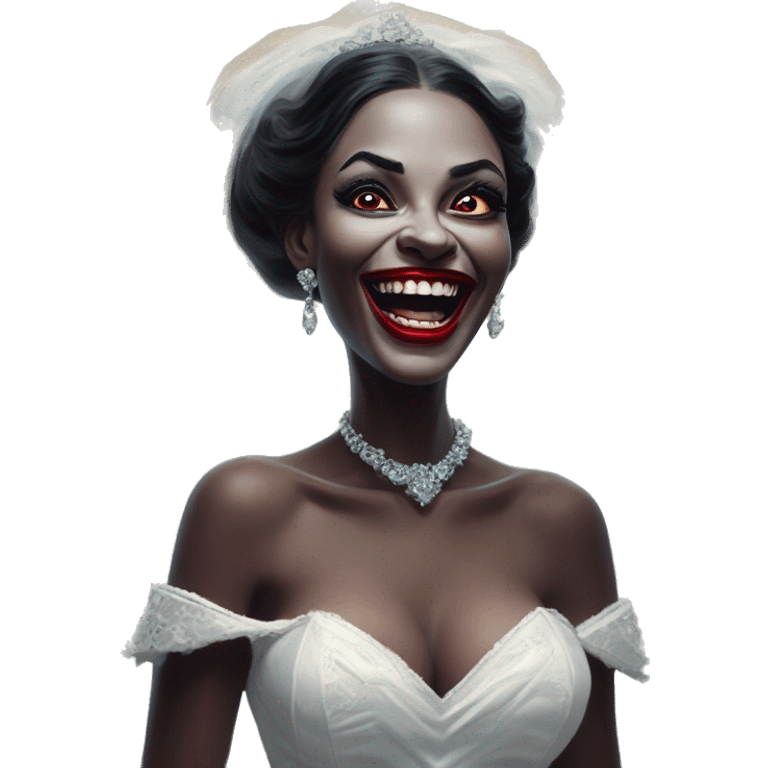 Laughing vampire bride in Uncle Scrooge style, oil paint, mysterious eyes, intricate lips, masterpiece pose, odd perspective, beautiful, desirable, logical emoji