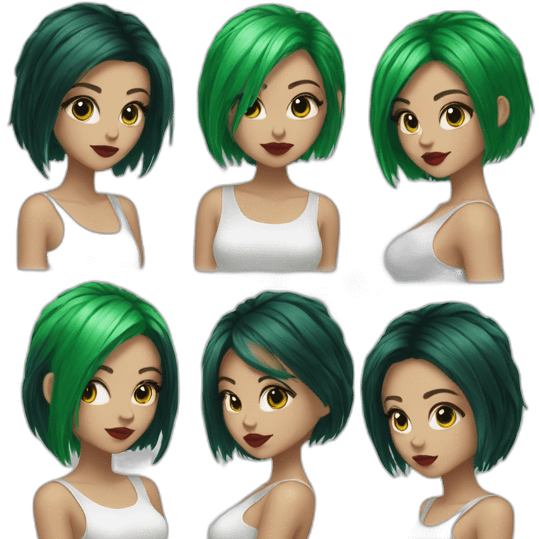 green hair, short hair, black outfit, white girl, red lips emoji