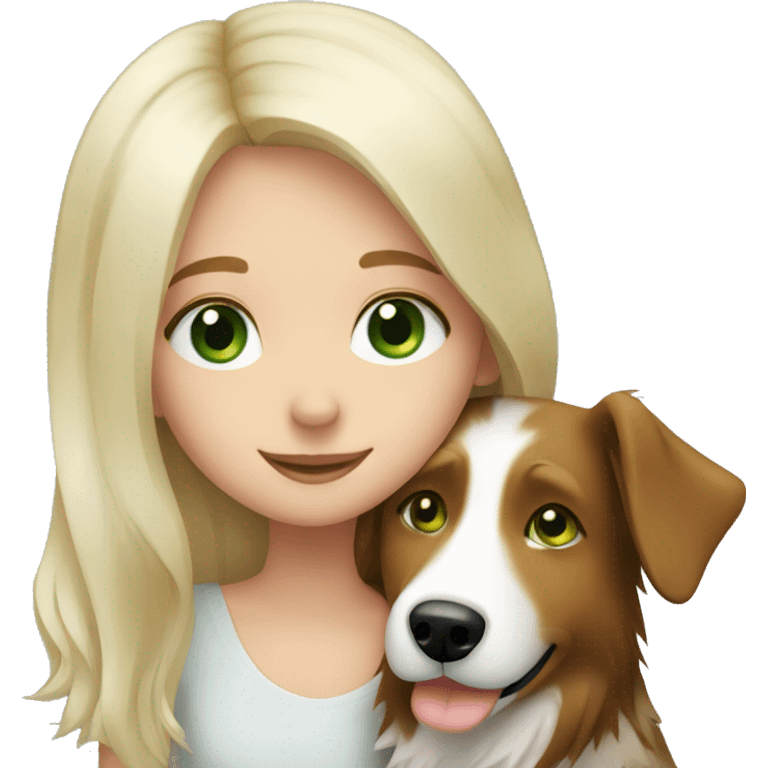 Blonde girl with Green eyes hugging border collie emoji