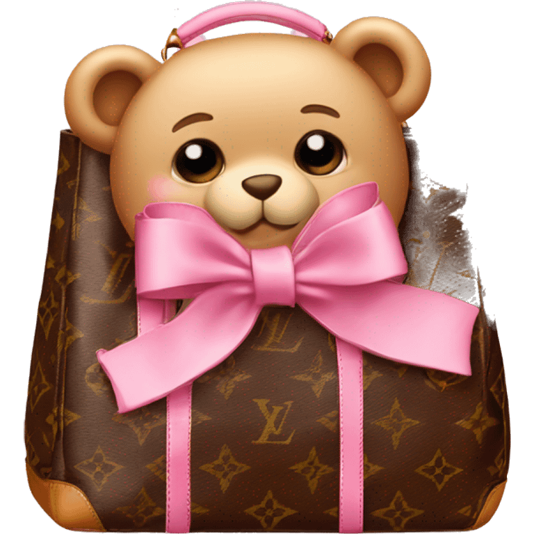 pink bow teddy bear solo looking out of louis vuitton  bag emoji