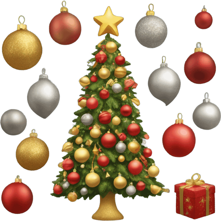 Flocked Christmas tree with ornaments that are various shades of red, gold, and silver  emoji