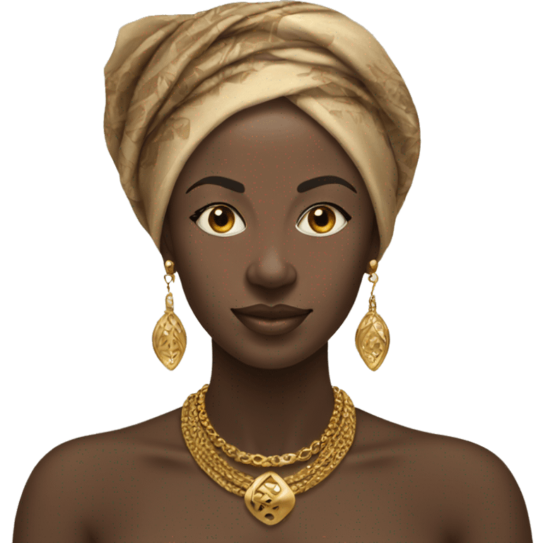 An african woman wearing a traditional headscarf and with gold earrings and necklace emoji