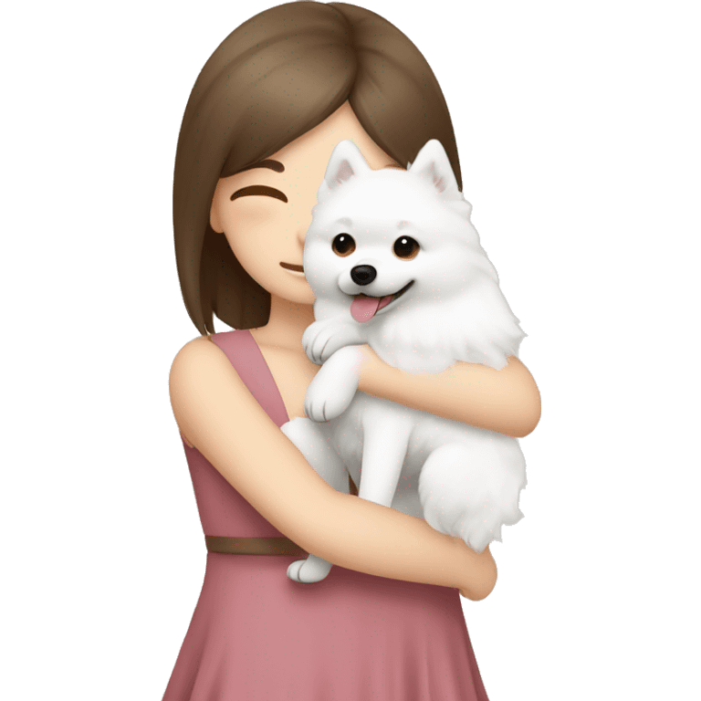 Japanese spitz dog hug brown hair girl with dress emoji