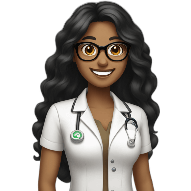 Pharmacist brown skin, long black hair, glasses and a big smile, femail emoji