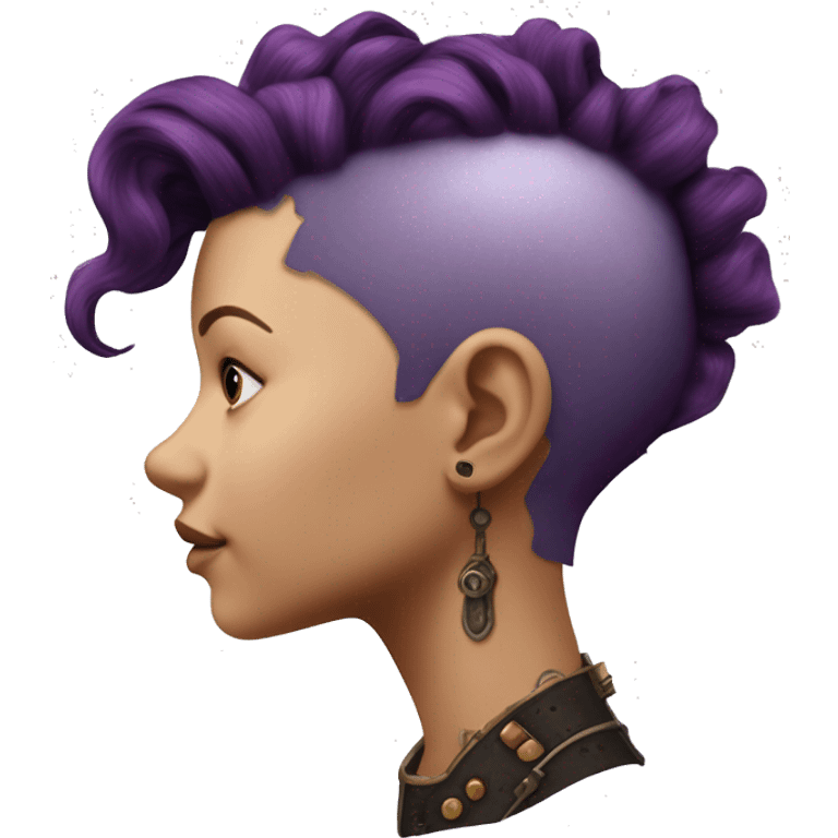 Photorealistic steampunk profile short mohawk purple wavy  on Caucasian girl with small nose round face emoji