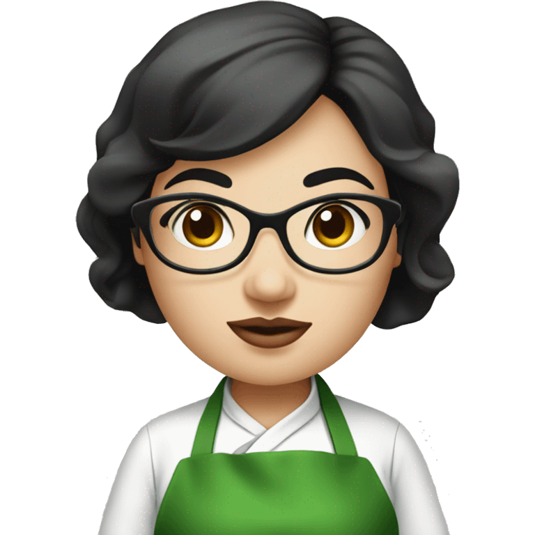 chubby lady with black hair and big eyes green apron  with glasses cooking  emoji