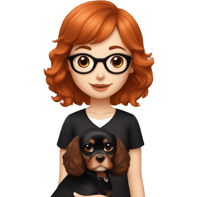 Auburn red-haired girl with bangs and short hair and black glasses and black clothes presenting a Blenheim Cavalier puppy emoji