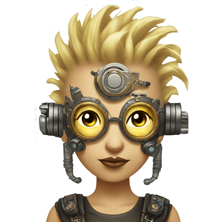 Light yellow Mohawk hair female cyborg head, tan skin, steampunk goggles and circuits emoji