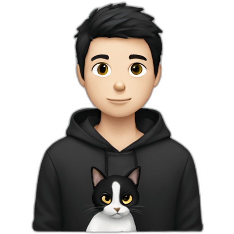 black haired and white skin boy who wears hoodie holds a black cat emoji