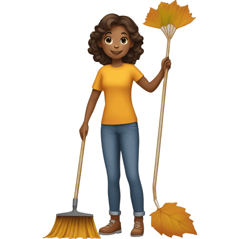 Girl raking leaves with family emoji